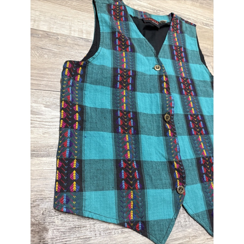 Vintage 1990s Sunbelt Green Plaid Vest Southwestern Aztec‎ Cotton Medium Shirt - Picture 4 of 8